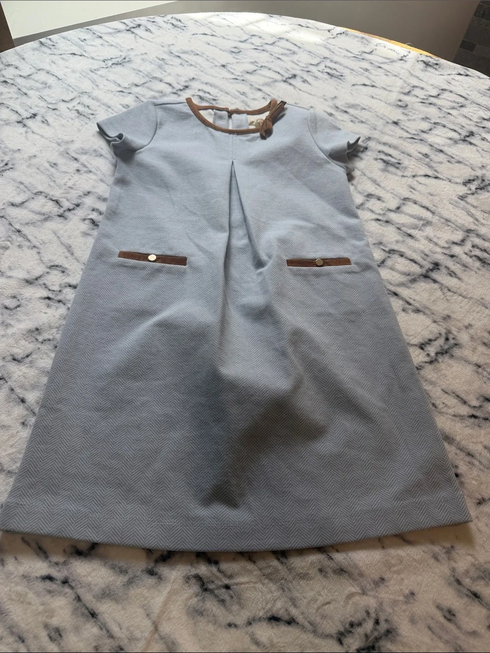 Hope & Henry Little Girls Light Blue Ponte A-Line Dress with Brown Trim Size 6.